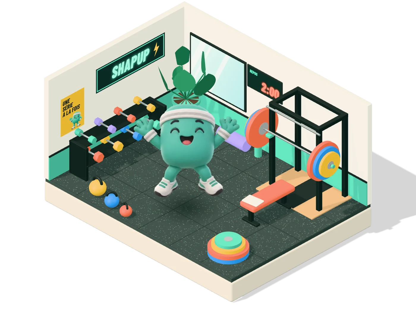 Shappy saute de joie au milieu d'une salle de muscu : rack, banc, haltères, disques de couleur, et l'enseigne Shapup au mur